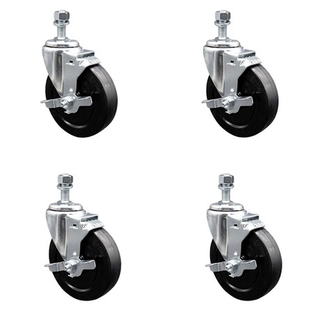 Service Caster 5 Inch SS Soft Rubber Wheel Swivel 10mm Threaded Stem Caster Set Brake SCC SCC-SSTS20S514-SRS-TLB-M1015-4